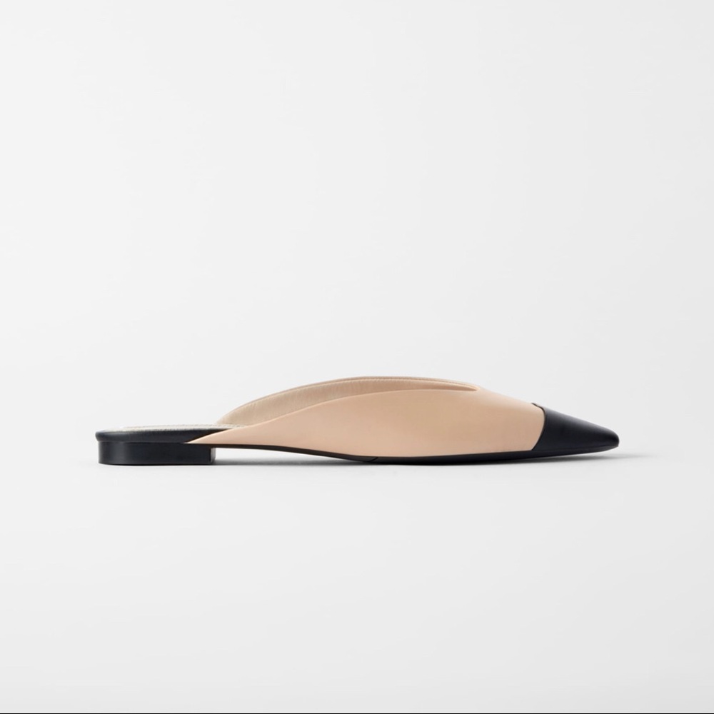 NWT ZARA Leather Mules Beige Black - Picture 3 of 9